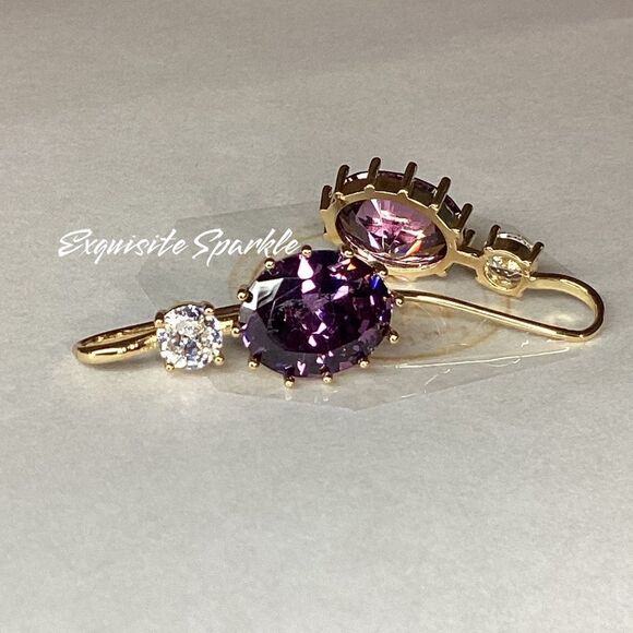 💜Elegant 10k Gold Vermeil Oval Cut Purple Amethyst Cz Diamond Hook Drop Earrings - Picture 2 of 16
